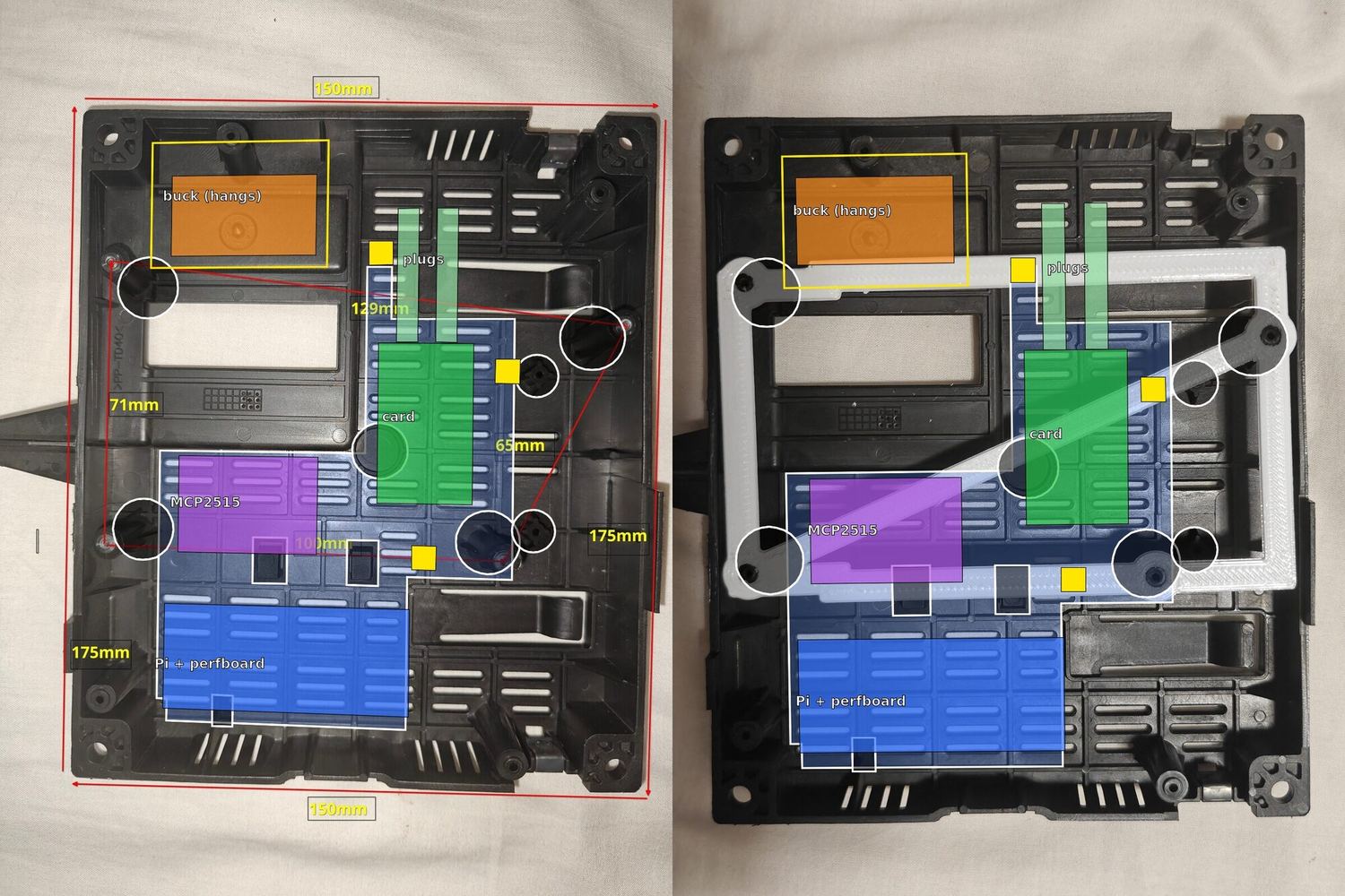 Two views of the case floor with coloured overlays marking where the buck converter, sound card, CAN module and Pi with perfboard sit, the right view with the printed frame in place.