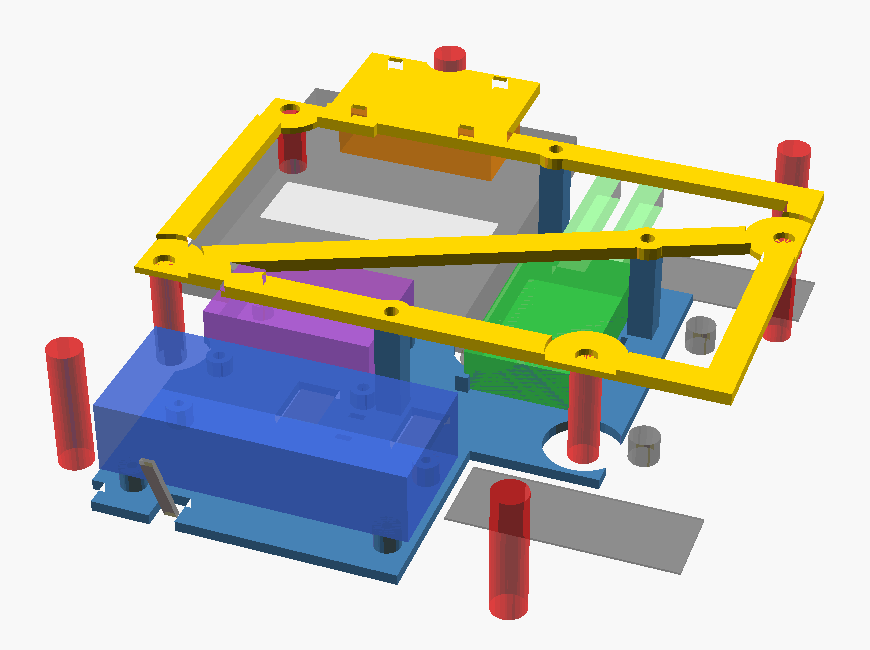 3D model of the sled: a yellow frame on four posts above a blue tray holding coloured blocks for the Pi, CAN module, sound card and buck converter.