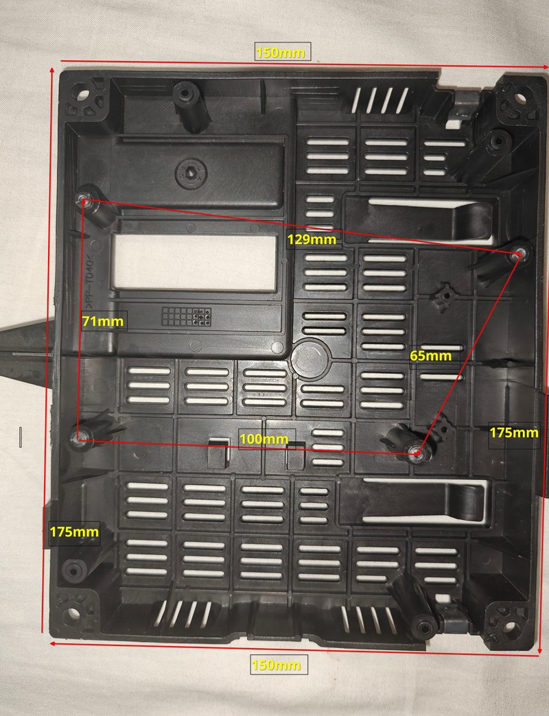 Housing interior with annotated dimensions and mounting positions.