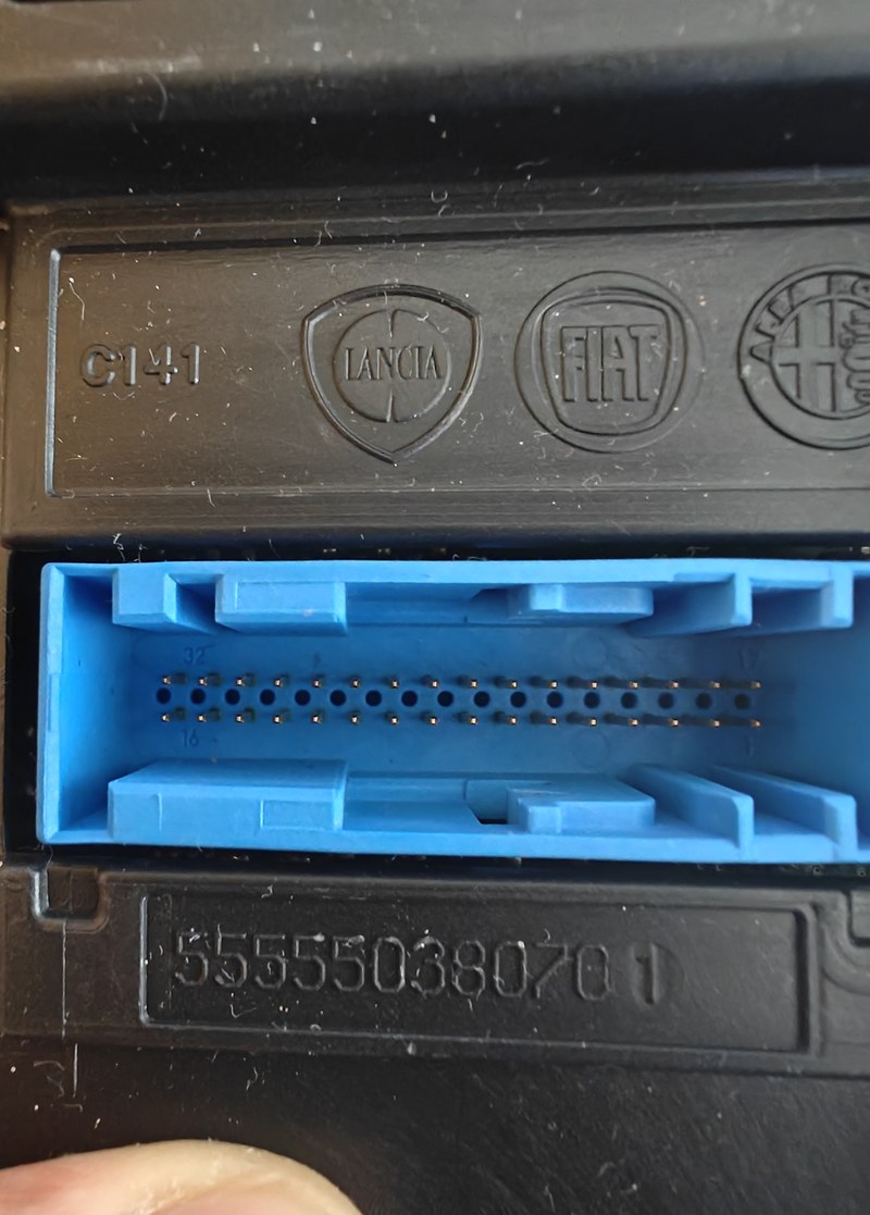 Blue male connector recessed in the original module housing.